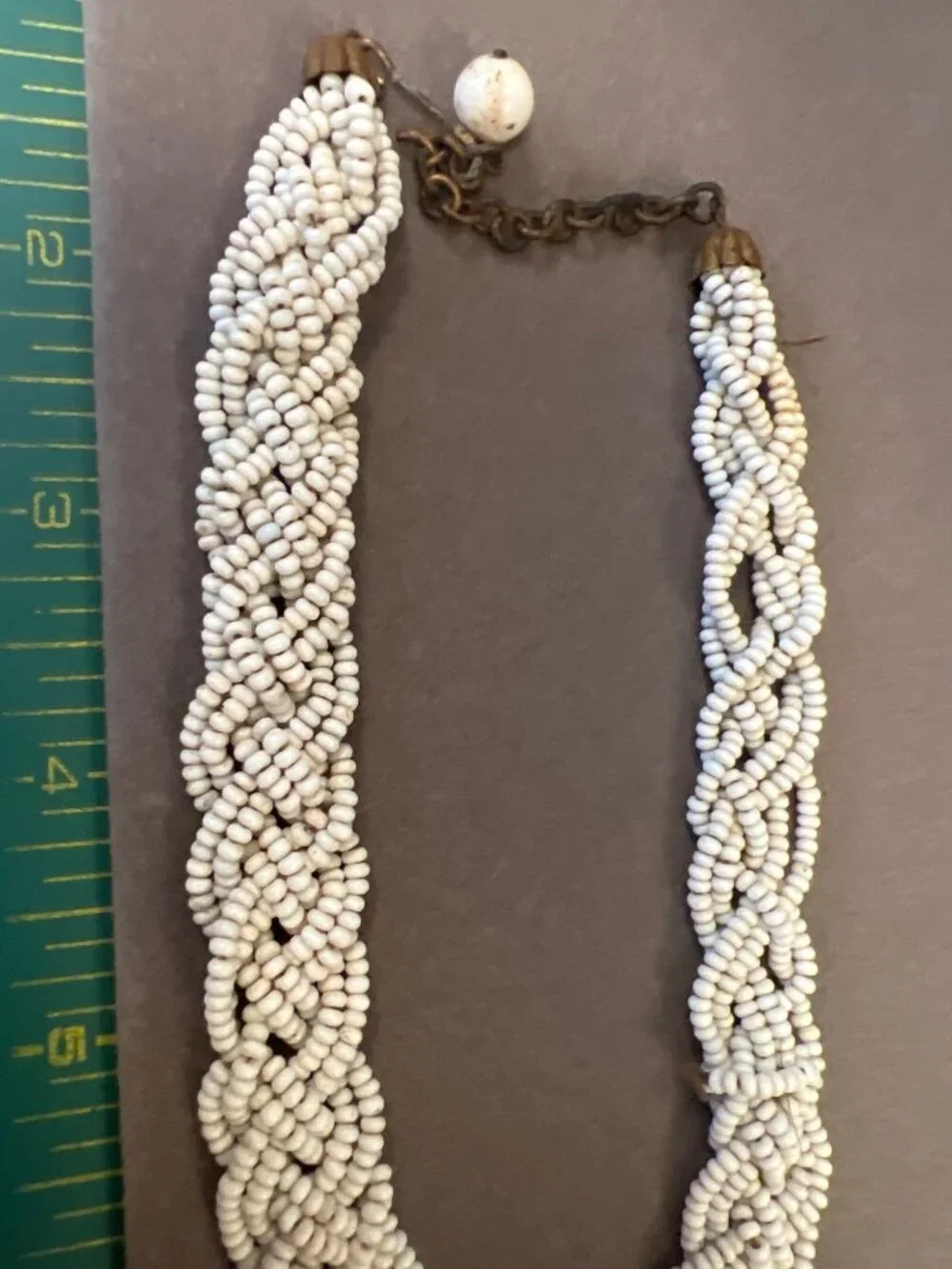 Vintage White Beaded Necklace With Brass-Tone Chain & Bead Accent Pendant READ